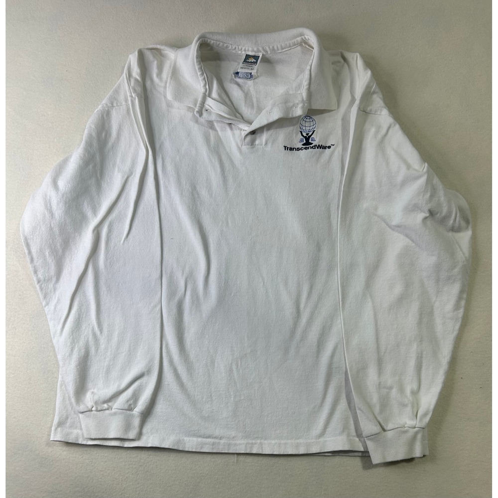 Cotton Deluxe‎ Mens XL White Long Sleeve Polo Shirt TranscendWare Logo USA Made